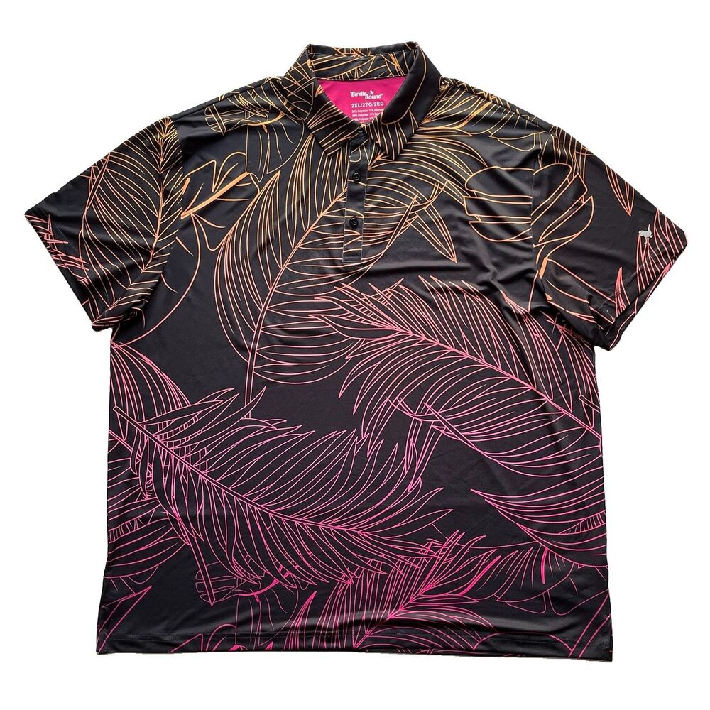 Birdie Bound Golf Polo Mens 2XL Black Tropical Leaf Performance Shirt Resortwear